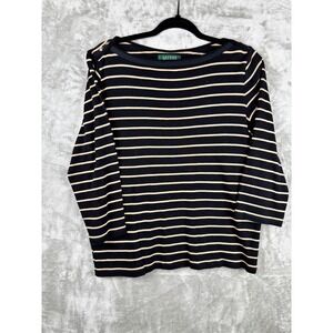 Lauren Ralph Lauren Striped Boat Neck Top Gold Button Detail 3/4 Sleeve XL